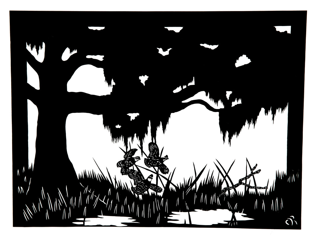 Artwork of three quails mid-flight in Charleston, SC