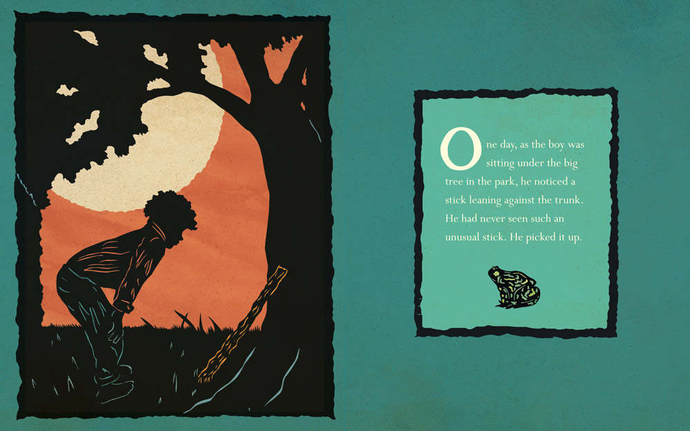 page from clay rice's children's book "the stick"